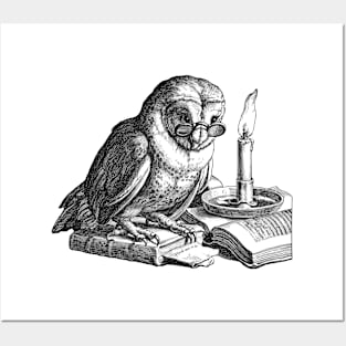 Owl with glasses in front of books and candle Posters and Art